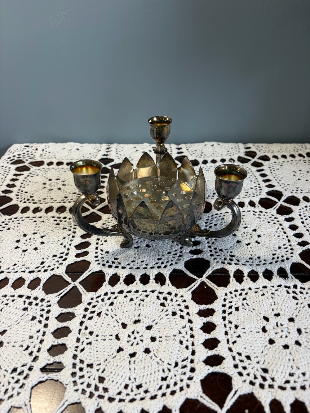 Elegant Three-Arm Silver-Tone Lotus Candle Holder with Flower Frog Center